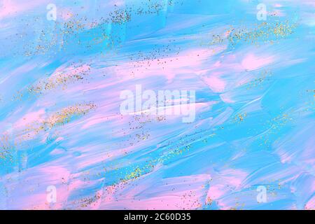 Pastel colored acrylic hand drawn texture with golden glitter. Creative background. Stock Photo