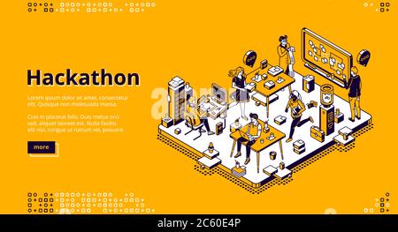 Hackathon isometric landing page. Team of computer programmers, project managers, graphic designers develop software, coding, create adaptive layout, work with data, 3d vector line art web banner Stock Vector