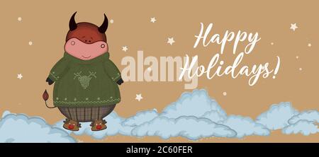 Christmas kraft paper card, hand drawn style. Vector illustration of the year of the bull 2021. Happy holidays Stock Vector