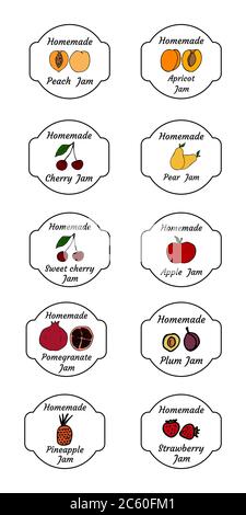 Fruit and berry homemade jam labels set. Outline doodle style design template. Hand drawn vector transparent illustrations. Stock Vector