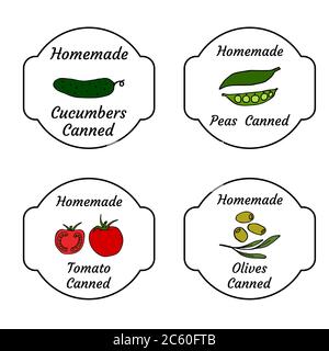 Vegetable homemade canned labels set. Outline doodle style design template. Hand drawn vector transparent illustrations. Cucumbers, peas, tomatoes and Stock Vector