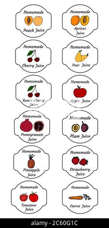 Fruit and berry homemade juice labels set. Outline doodle style design template. Hand drawn vector transparent illustrations. Stock Vector