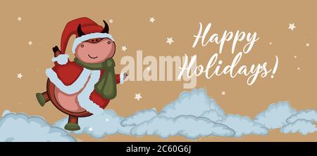 Christmas kraft paper card, hand drawn style. Vector illustration of the year of the bull 2021. Happy holidays Stock Vector
