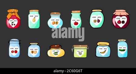 Homemade jar labels set. Outline doodle style design template. Hand drawn vector illustrations. Cute jars, fruit, vegetable and berry. Stock Vector