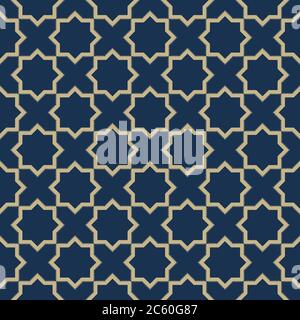 Seamless geometric pattern in oriental style.Vintage Islamic wallpaper. Lattice graphic design. Vector modern tiles pattern in gold and dark blue. Stock Vector