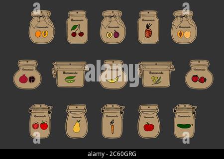 Homemade jar labels set. Outline doodle style design template. Hand drawn vector illustrations. Cute jars, fruit, vegetable and berry. Stock Vector