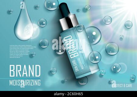 Cosmetic essence contained in a droplet bottle template for design Ads poster, presentation, banner. Serum essence for skin care with bubbles and Stock Vector