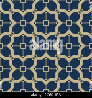 Seamless geometric pattern in oriental style.Vintage Islamic wallpaper. Lattice graphic design. Vector modern tiles pattern in gold and dark blue. Stock Vector