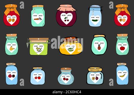 Homemade jar labels set. Outline doodle style design template. Hand drawn vector illustrations. Cute jars, fruit, vegetable and berry. Stock Vector
