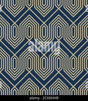 Seamless geometric pattern in oriental style.Vintage Islamic wallpaper. Lattice graphic design. Vector modern tiles pattern in gold and dark blue. Stock Vector