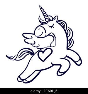 Hand-drawn magical flying unicorn with a heart. Stock Vector