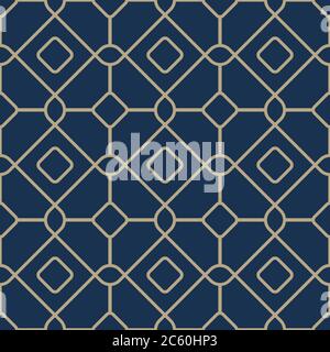 Seamless geometric pattern in oriental style.Vintage Islamic wallpaper. Lattice graphic design. Vector modern tiles pattern in gold and dark blue. Stock Vector