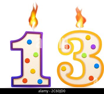 Thirteen years anniversary, 13 number shaped birthday candle with fire on white Stock Vector