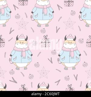 2021 symbol of the year. ox. Christmas pattern. Bulls in the snow. Design for wrapping paper, fabric and clothing. Pastel delicate colors Stock Vector