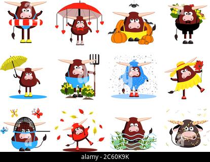 set of bulls characters. 12 bulls, oxen and cows. Funny cute animals. clipart free on a white background. Vector illustration of the symbol of 2021 Stock Vector