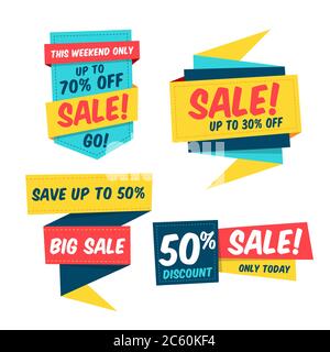 Colorful sale label template collection. Origami paper style. Isolated vector elements. Easily editable design. Stock Vector