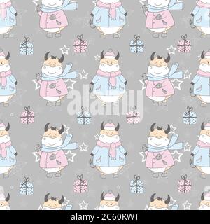 2021 symbol of the year ox. Christmas pattern. Bulls in the snow. Design for wrapping paper, fabric and clothing. Pastel delicate colors Stock Vector