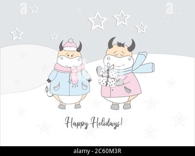 banner 2021 symbol of the year of the ox. Christmas poster horizontal. Caption: happy holidays. Bulls in the snow. Greeting card. Pastel delicate Stock Vector