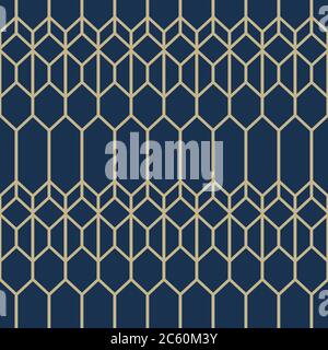 Seamless geometric pattern in oriental style.Vintage Islamic wallpaper. Lattice graphic design. Vector modern tiles pattern in gold and dark blue. Stock Vector