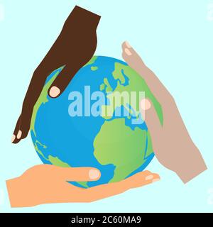Three hands of different human races holding the globe Stock Vector