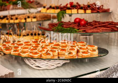 Canape with red caviar. Wedding buffet Stock Photo