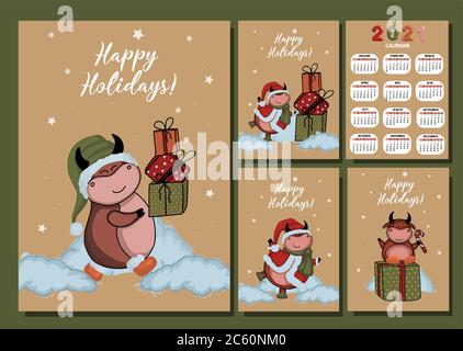 Christmas kraft paper card, hand drawn style. Vector illustration of the year of the bull 2021. Happy holidays. calendar 2021. Stock Vector