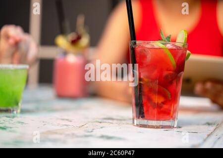 Fresh strawberry mojito or lemonade with mint Stock Photo