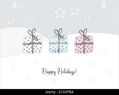 Christmas poster horizontal. Caption: happy holidays. Gift in the snow. Greeting card. Pastel delicate colors Stock Vector