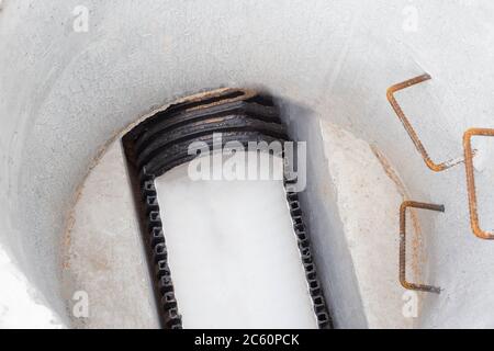 Construction of sewage engineering structures for the drain of sanitary water and rainwater, industry. Plastic pipes in the sewage system in reinforce Stock Photo