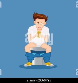 cartoon of people sitting on toilet in cartoon design and playing smart phone,vector illustration Stock Vector