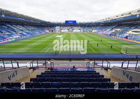 LEICESTER, ENGLAND - JULY 04: A general view of the pitch and stadium ahead of the Premier League match between Leicester City and Crystal Palace at The King Power Stadium on July 4, 2020 in Leicester, United Kingdom. Football Stadiums around Europe remain empty due to the Coronavirus Pandemic as Government social distancing laws prohibit fans inside venues resulting in all fixtures being played behind closed doors. (Photo by MB Media) Stock Photo