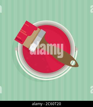 Brush on paint cans top view. Stock Vector