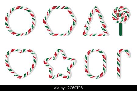 Christmas candies with different shape spiral pattern set. Red and green treat holiday winter. Sweet sugar cartoon noel candy cane, round, fir tree, star, heart, lollipops Isolated vector illustration Stock Vector