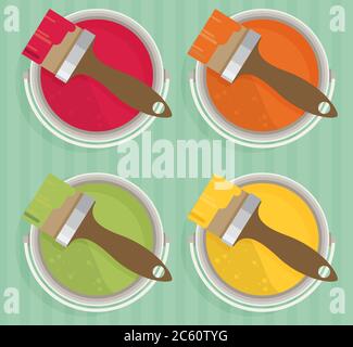 Brush on paint cans top view. Stock Vector