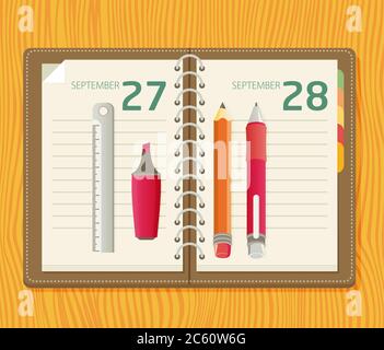 Illustration with a notepad, pencil, marker, ruler and pen lying on a table in flat style Stock Vector