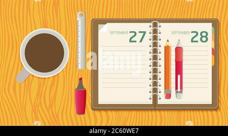 Flat lay illustration with a notepad, pencil, marker, ruler, pen and coffee lying on a table in flat style in vector Stock Vector