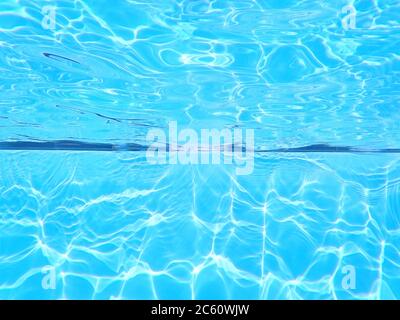 Swimming pool underwater background. Chlorine water treatment and  sanitation. Empty copy space with no people for Editor's text. Stock Photo