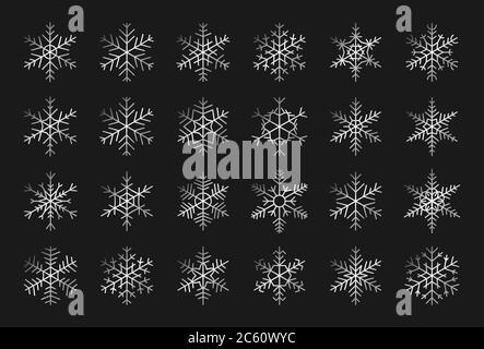 Elegant silhouettes of silver snowflakes icon set. Decorative elements for banner Merry Christmas and Happy New Year. Trendy different shapes of snow, gray gradient. Isolated vector illustration Stock Vector