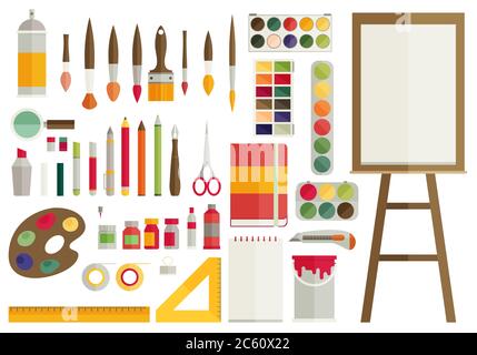 flat design vector illustration icons set of art supplies, art instruments for painting, drawing, sketching Stock Vector