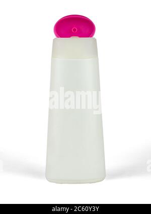 White plastic bottle with pink lid isolated on white background Stock Photo