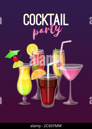 Cocktail party poster with tropical drinks on blue and purple grandient background. Vector illustration. Stock Vector