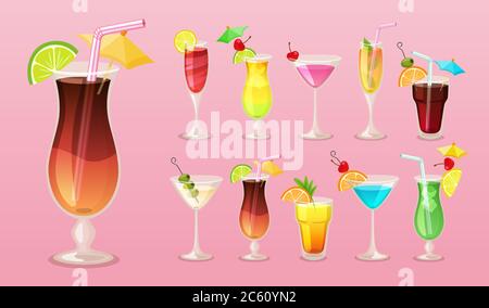 Tropical cocktails and juices collection. Isolated and colorful drinks in cartoon style. Vector illustration. Stock Vector