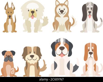 Collection of different kinds of dogs isolated on white background. Cute dogs in cartoon style sitting in front view position. Vector illustration. Stock Vector