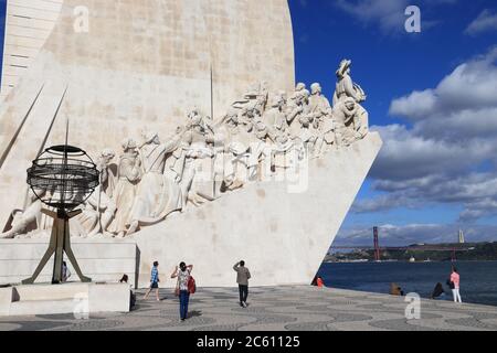 LISBON, PORTUGAL - JUNE 5, 2018: People visit Padrao dos Descobrimentos (Monument to the Discoveries) in Belem district. Lisbon is the 11th-most popul Stock Photo