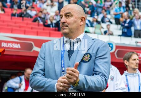 Kazan, Russia – June 24, 2017. Russia national football team coach Stanislav Cherchesov during FIFA Confederations Cup match Mexico vs Russia. Stock Photo