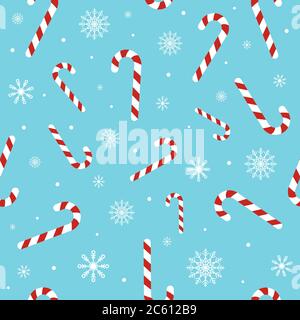 Christmas seamless pattern with candy canes, snowflakes, snow ball on blue background. Background for wrapping paper, fabric print, greeting cards. Wi Stock Vector