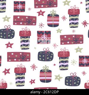 Hand drawn Christmas gift boxes. Doodle design with presents, stars and snowflakes. Holiday background in scandinavian style. Vector illustration. Stock Vector