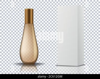 Transparent gold perfume cosmetic bottle container with white box isolated. Mockup for product package branding. Realistic vector illustration of Stock Vector