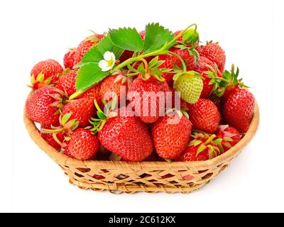 Basket with sweet ripe strawberries isolated on white background. Stock Photo