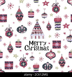 Christmas pattern. Doodle texture with hand lettering, xmas tree, gift boxes, stars and snowflakes. Hand drawn scandinavian pattern. Vector illustrati Stock Vector